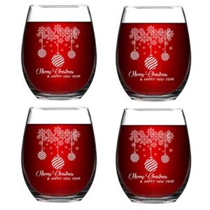Merry Christmas Stemless Wine Glass Set for Women Friends, Christmas Idea for Mom Wife Girlfriend Sister Wedding Birthday Party, Set of 4