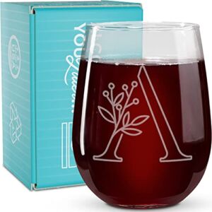 On The Rox Drinks Monogrammed Gifts For Women and Men – Letter A-Z Initial Engraved Monogram Stemless Wine Glass – 17 Oz Personalized Wine Glifts For Women and Men (A)