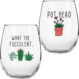 Succulent Plant Cactus Gifts for Women- Set of 2 Funny Wine Glasses 15oz – Plant Lover Gift Mug – What the Fucculent- Pot Head Crazy – Plant Lady Wine Glass Tumbler – Custom Stemless Wine Glasses