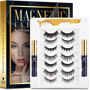 Magnetic Lashes with Eyeliner and Tweezers, 7 Pairs Reusable Magnetic Eyelashes and 2 Tubes of Waterproof Magnetic Eyeliner Kit, [Upgraded] 3D Natural Look, Easy to Wear, No Glue Needed