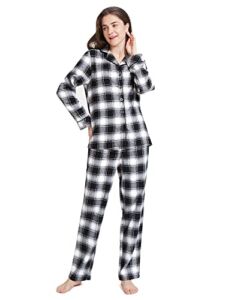 SIORO Womens Flannel Pajamas Set 100% Cotton Pj Sets Sleepwear Loungewear,Black and White Plaid,Small