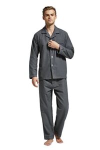 Men’s Flannel Pajama Set, 100% Cotton Long Sleeve Sleepwear (Medium, Grey with Black Piping)