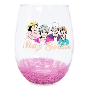 The Golden Girls”Stay Golden” Teardrop Stemless Wine Glass With Dipped Bottom | Tumbler Cup For Mimosas, Cocktails | Home Barware For Liquor, Kitchen Decor, Cute Gifts | Holds 20 Ounces