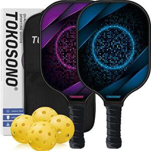 Tokosono Pickleball Paddles, Pickle Ball Paddle Set of 2 with Graphite Carbon Surface, Lightweight Pickleball Set with Carry Bag and 4 Balls (Round Square)