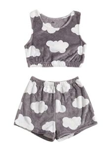 SheIn Women’s 2 Piece Crop Tank Top and Shorts Flannel Pajamas Set Nightwear Grey Cloud Medium