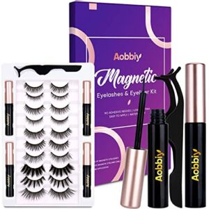 AOBBIY 10 Pair of Magnetic Eyelash, Plus 4 Tube of Eyeliners, Plus 1 Application Tool, Realistic and Soft Magnetic Eyelashes, Strong Hold and Easy to Apply, 25 Piece Set