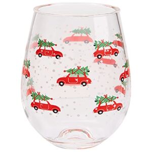 C.R. Gibson QWG2O-22628 Red Car Acrylic Stemless Wineglass for Christmas Parties and Celebrations, 12 fl. Oz.