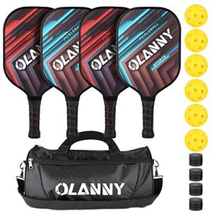OLANNY Pickleball Paddles Set | Pickleball Set Includes 4 Pickleball Paddles + 6 Balls+ 4 Replacement Soft Grip + 1 Portable Carry Bag | Premium Rackets Face & Polymer Honeycomb Core