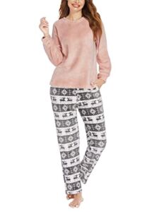 Ekouaer Womens Pajama Set Plush Long Sleeve Flannel Sleepwear Soft Warm Up Pjs Lounge Sets with Pocket