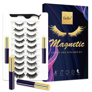 3D & 5D Magnetic Eyelashes with Eyeliner Kit, EARLLER 10 Pairs Natural Look False Lashes with Applicator – Easy to Apply and No Glue Needed, Reusable Short and Long Eyelashes Set