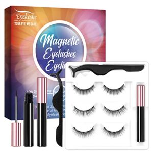 Natural Look Magnetic Eyelashes with Eyeliner Kit, EYEKESHE Short Magnetic False Lashes with Applicator-Upgraded Eyeliner,Reusable,Easy to Remove and No Glue Needed(3 Pairs)
