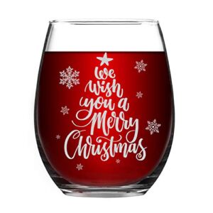 Modwnfy Merry Christmas Wine Glass, Xmas We Wish You a Merry Christmas Stemless Wine Glass, Christmas Gifts for Mom Women Family Friend Coworker on Christmas Wedding Birthday Party, 15 Oz