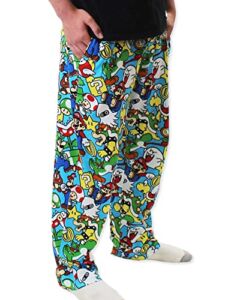 Super Mario Brothers Luigi Bowser Mens Button Fly Cotton Pajama Sleep Pants (X-Large, Blue/Multi)
