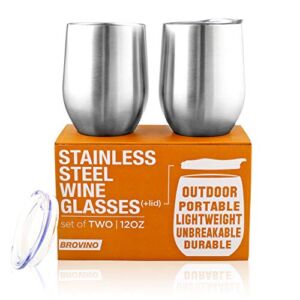 Stainless Steel Wine Glasses with Lid – 12 oz Double Wall Insulated Outdoor Wine Tumblers – 100% Unbreakable & Stemless Glass – Wine Tumbler Set for Outdoor : Wine, Coffee & Camping (2)