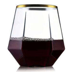 32 Pack Diamond Stemless Plastic Wine Glasses, 12 oz Unique Diamond Shape, Clear Gold Rim Glasses for Wine, Whiskey, Cocktails, Juice, Trendy & Modern Stemware, Food-Grade Disposable Drinkware
