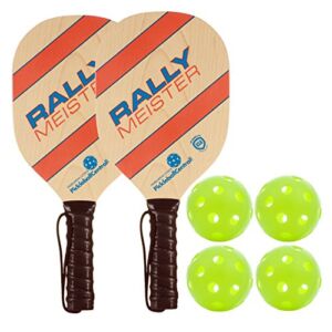 Rally Meister Pickleball Paddle 2 Player Bundle – 2 Wood Paddles & 4 Balls – Beginner Pickleball Set