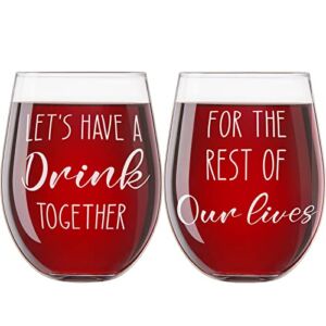 Stemless Wine Glass 17 oz, Funny Wedding Gifts for Newlywed Couple, Anniversary Engagement Gifts for Husband Wife Her Him, Engaged Bridal Shower Gift for Bride and Groom, Red Wine Glasses Set of 2