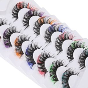 Ruairie False Eyelashes Colored Lashes Fluffy Wispy Russian Strip Lashes with Color D Curl Volume Curly Christmas Colored Eyelashes 7 Colors Fake Eyelashes Pack