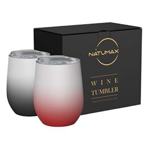 Wine Tumblers with Lid, 12 oz Stainless Steel Stemless Wine Glasses Double Wall Vacuum Travel Insulated Cup for Coffee, Drinks, Champagne, Beverage, Set of 2