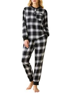 Latuza Women’s Flannel Cotton Plaid Jogger Pants Pajamas Set M Black