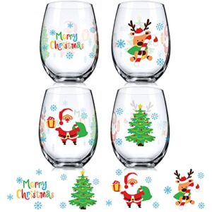 4 Pieces Christmas Wine Glass, 17 oz Merry Christmas Wine Glass Christmas Stemless Wine Glass Creative Christmas Gifts for Women Men Family Friends
