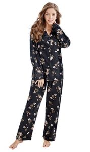 TONY & CANDICE Women’s 100% Cotton Long Sleeve Flannel Pajama Set Sleepwear (Large, Black Flowers)