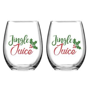 Jingle Juice Christmas Wine Glass, 15 Oz Funny Stemless Wine Glasses for Women Friends Men, Gift Idea for Christmas Wedding Party, Set of 2