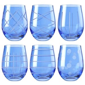 Medallion Stemless Wine Glass Set of 6, 17 oz, Etched Patterns, Textured Glass Cups, Glasses for Red or White Wine, Stemless Goblets, Fifth Avenue Crystal, Blue