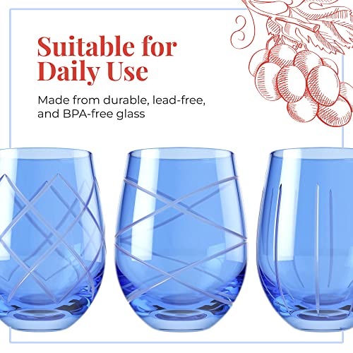 Medallion Stemless Wine Glass Set of 6, 17 oz, Etched Patterns, Textured Glass Cups, Glasses for Red or White Wine, Stemless Goblets, Fifth Avenue Crystal, Blue | The Storepaperoomates Retail Market - Fast Affordable Shopping