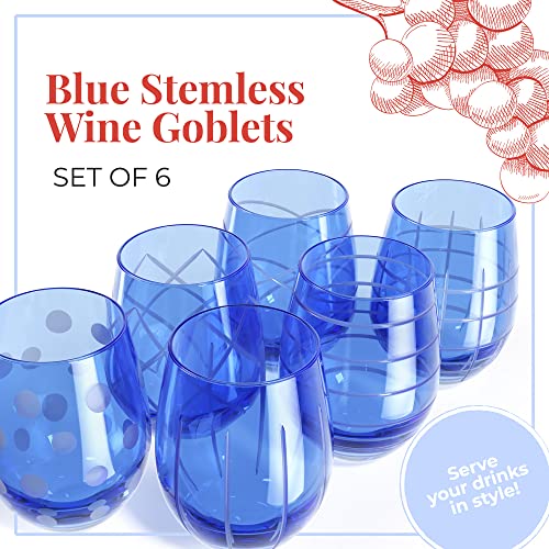 Medallion Stemless Wine Glass Set of 6, 17 oz, Etched Patterns, Textured Glass Cups, Glasses for Red or White Wine, Stemless Goblets, Fifth Avenue Crystal, Blue | The Storepaperoomates Retail Market - Fast Affordable Shopping