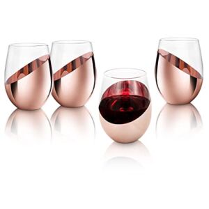 MyGift Stemless Wine Glass Set with Metallic Rose Gold Angled Design, Bridesmaid Wine Glasses Gift, Round Drinking Glasses, Cocktail Drinkware, Set of 4