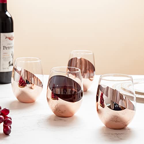 MyGift Stemless Wine Glass Set with Metallic Rose Gold Angled Design, Bridesmaid Wine Glasses Gift, Round Drinking Glasses, Cocktail Drinkware, Set of 4 | The Storepaperoomates Retail Market - Fast Affordable Shopping