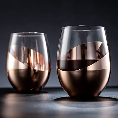 MyGift Stemless Wine Glass Set with Metallic Rose Gold Angled Design, Bridesmaid Wine Glasses Gift, Round Drinking Glasses, Cocktail Drinkware, Set of 4 | The Storepaperoomates Retail Market - Fast Affordable Shopping