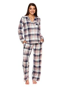 U.S. Polo Assn. Womens Notch Collar PJ Set – Flannel Button Down Pajamas for Women with Long Sleeve Top and Pajama Pants (White, Medium)
