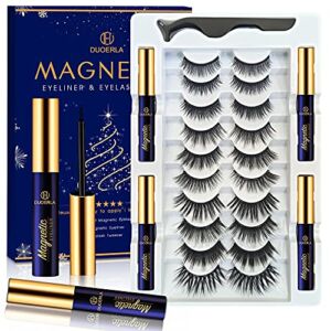 DUOERLA Magnetic Lashes with Eyeliner and Applicator, 10 Pairs Reusable Magnetic Eyelashes Kit and 4 Tubes of Waterproof Magnetic Eyeliner, [Upgraded] 3D Natural Look, Strong Hold,Easy to Apply