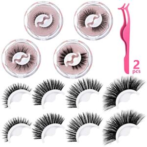 Reusable Self Adhesive Eyelashes No Glue or Eyeliner Needed Easy to Put On, Stable Non Slip Waterproof False Lashes with 2 Eyelash Tweezers for Christmas Makeup Gift, 4 Pairs (Regular Style)