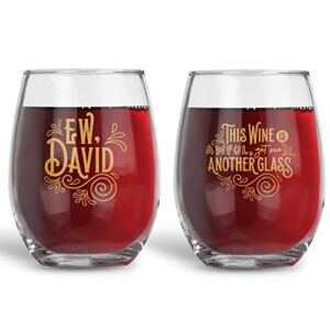 BAD BANANAS EW David – This Wine Tastes Awful – Set of Two – 21 oz Stemless Wine Glasses – Gifts for Women