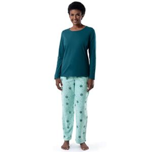 Fruit of the Loom Women’s Sueded Jersey Crew Top and Fleece Pant Sleep Set, Blue Sea/Snowflake, Small