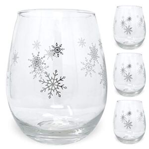 Snowflake Winter Wine Glass Set – Set of 4 Stemless Glasses with Silver Snowflake Designs – 14oz