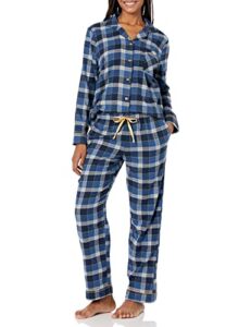 Wrangler Women’s Long Sleeve Flannel Top and Pant Pajama Set, Blue Plaid, Medium