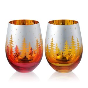 Joeyan Christmas Stemless Wine Glasses for Red White Wine,Large Handmade Wine Glass Cups,Christmas Tree Stars Patterned Tumblers,18 oz,Set of 2,Great for Christmas and Gifts