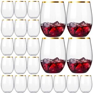20 Pack Disposable Stemless Wine Glasses, 16 OZ Plastic Wine Cups, Eventpartener Gold Rim Unbreakable Wine Glasses, Whiskey Cocktail Glasses, Shatterproof Clear Drinking Glasses for Party, Wedding