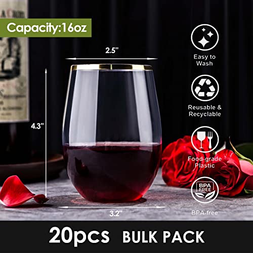 20 Pack Disposable Stemless Wine Glasses, 16 OZ Plastic Wine Cups, Eventpartener Gold Rim Unbreakable Wine Glasses, Whiskey Cocktail Glasses, Shatterproof Clear Drinking Glasses for Party, Wedding | The Storepaperoomates Retail Market - Fast Affordable Shopping