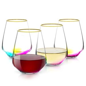 Rakle Stemless Wine Glasses – Rainbow Colored Set of 4 Wine Tumbler Glasses for Red and White Wine – 14.3oz Crystal Wine Glasses–Clear Stemless Glasses with Gold Rim – Modern and Elegant Glassware Set