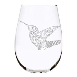 C & M Hummingbird Stemless Wine Glass Gifts for Birthdays, Anniversaries, Retirement, Mothers Day, Fathers Day, Christmas, 17 Ounces, Laser Engraved, Crystal, Lead-free