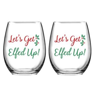 Let’s Get Elfed Up Christmas Wine Glass, 15 Oz Funny Stemless Wine Glasses for Women Friends Men, Gift Idea for Christmas Wedding Party, Set of 2