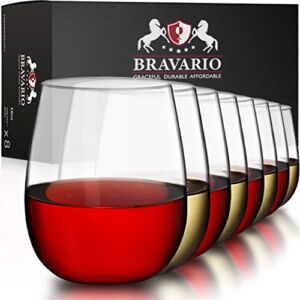 Bravario Unbreakable Stemless Plastic Wine Glasses | Reusable | Shatterproof 100% Tritan Plastic | Dishwasher-Safe | BPA-free | Awesome for Indoor & Outdoor | 16 oz, Set of 8