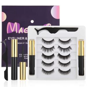 SEEZY Magnetic Eyelashes, Magnetic Eyelashes with Eyeliner Kit, Magnetic Eyeliner and Lashes Kit, 5 Pairs 3D False Eyelashes with