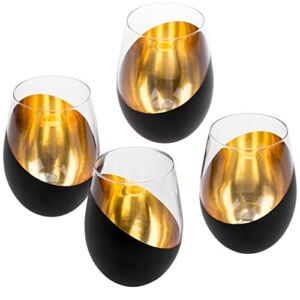 MyGift Matte Black & Gold Stemless Wine Glass Set of 4, Elegant Anniversary Wine Glasses