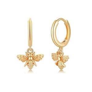Bee Huggie Hoop Earrings, S925 Sterling Silver Post Honey Bumble Bee Dangle Hoop Earrings, 14K Gold Plated Cute Dangling Huggy Bumblebee Earrings for Women Girls Jewelry Gifts